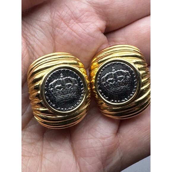 Joan Rivers Crown Coin Clip-On Earrings Gold-Tone Vintage Jewelry - Picture 1 of 5